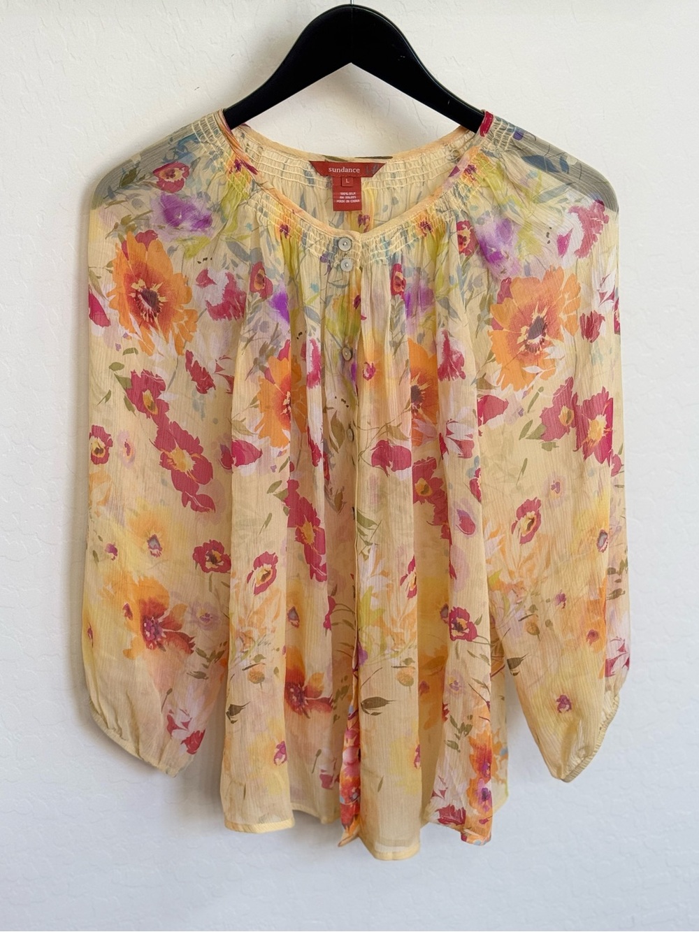 Sundance 100% Silk Chiffon Floral Blouse Top Watercolor Cottagecore Size L